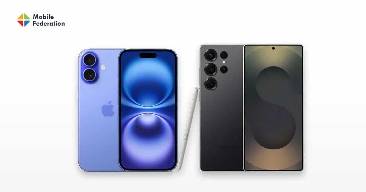 iPhone vs Samsung 2026: a refurbished iPhone 16 next to a Samsung Galaxy S25 Ultra