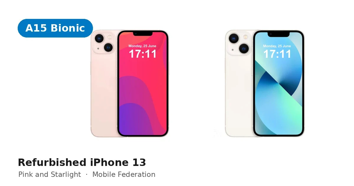 Refurbished iPhone 13 in Pink and Starlight with A15 Bionic callout