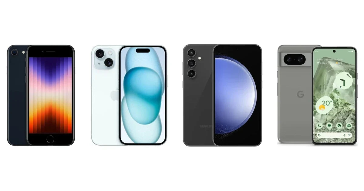 Refurbished phone Australia - refurbished iPhone SE, iPhone 15, Galaxy S23 FE and Pixel 8 lined up