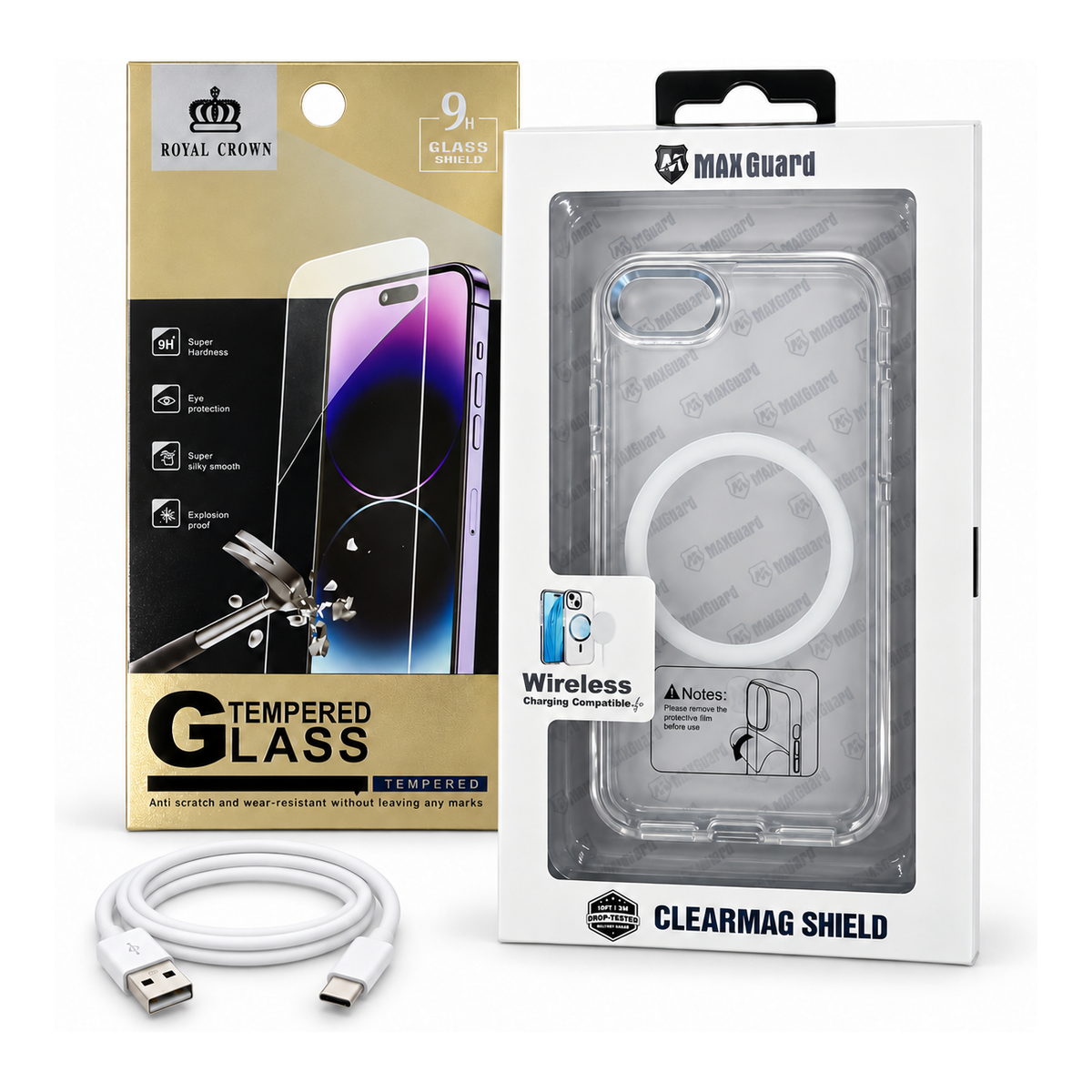 Accessories Pack – Royal Crown tempered glass screen protector, MaxGuard ClearMag Shield clear case and charging cable