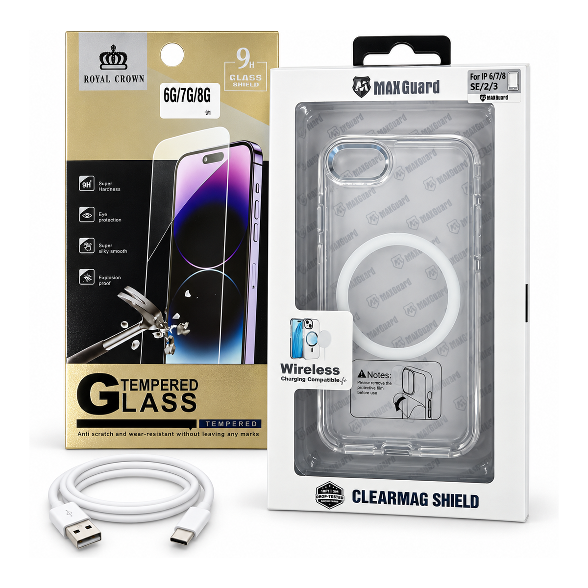 Accessories Pack – Royal Crown tempered glass screen protector, MaxGuard ClearMag Shield clear case and charging cable