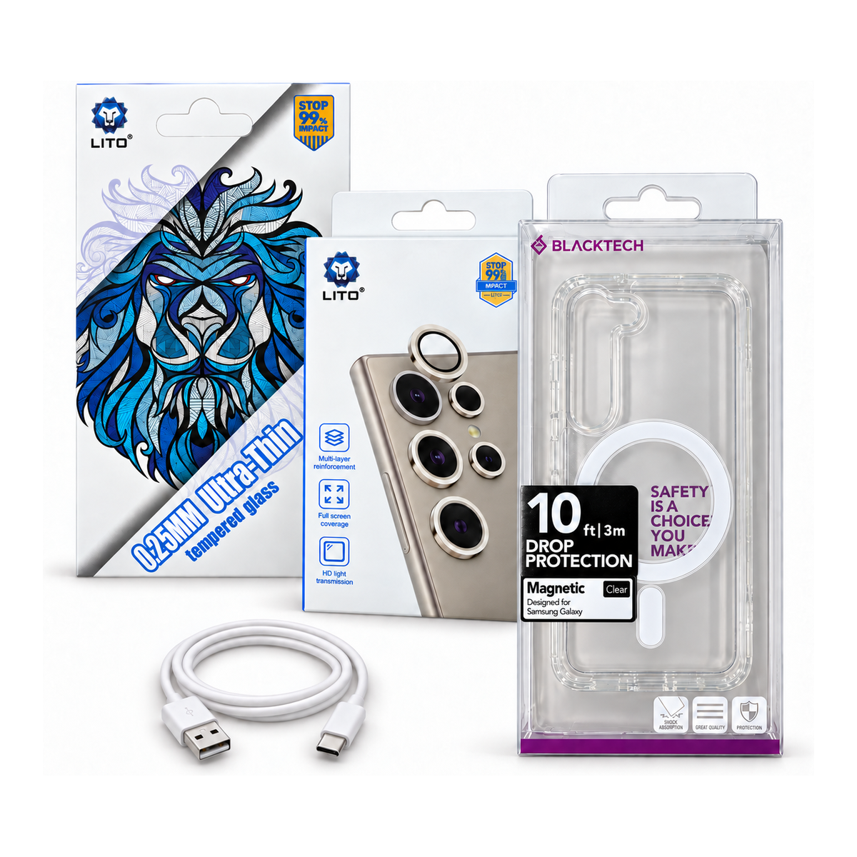 Accessories Pack – Lito tempered glass, Lito camera lens protector, Blacktech magnetic clear case for Samsung Galaxy and charging cable