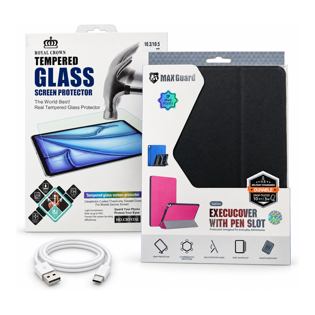 Accessories Pack – Royal Crown tempered glass screen protector, MaxGuard Execucover folio case with pen slot and charging cable