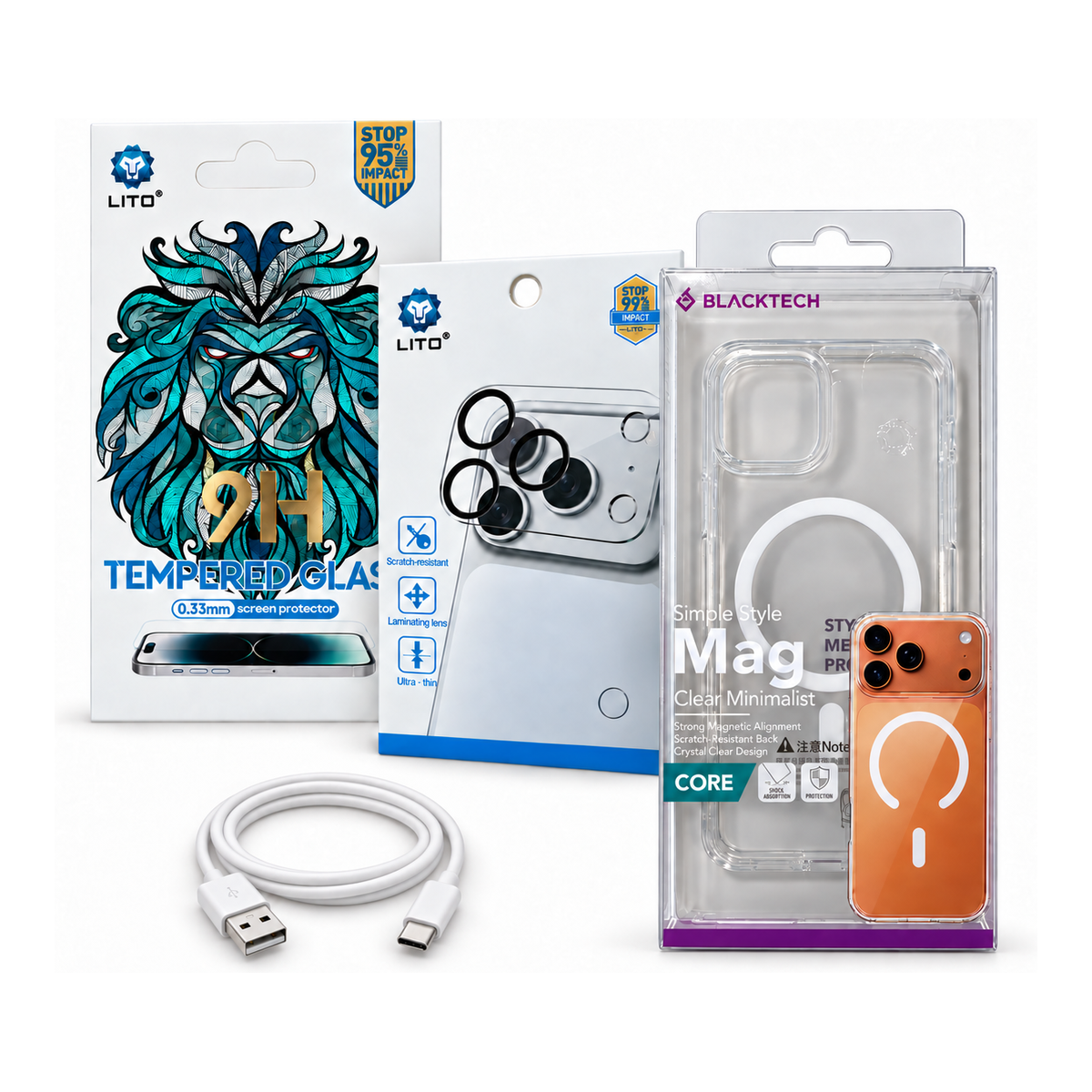 Accessories Pack – Lito tempered glass, Lito camera lens protector, Blacktech Mag Case and charging cable